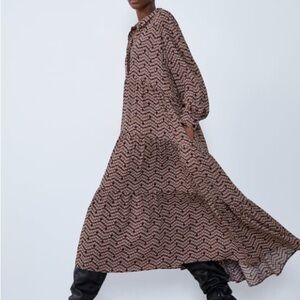 Zara Black & Orange Floral Print Long Dress – Size M